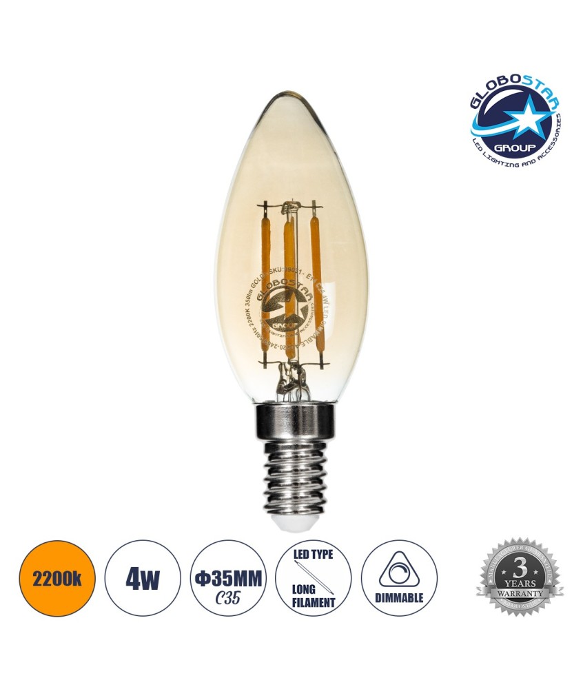 GLOBOSTAR® CANDLE 99031 Λάμπα Κεράκι E14 C35 LED 4W 350lm 360° AC 220-240V IP20 Ultra Θερμό Λευκό 2200K Dimmable - Long Filament Chip - Μελί - Μ3.5 x Π3.5 x Υ10.5cm - 3 Χρόνια Εγγύηση